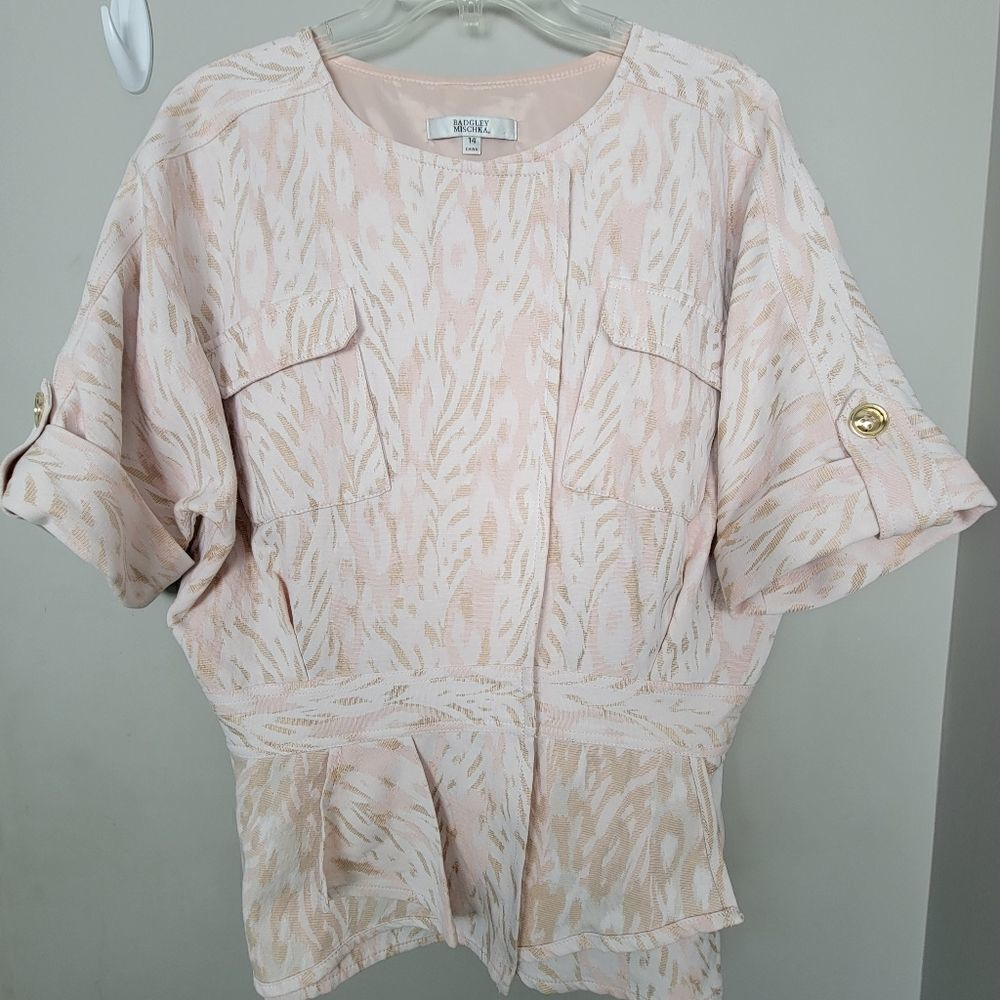BADGLEY MISCHKA Pink Cinched Waist Animal Print Blazer 14